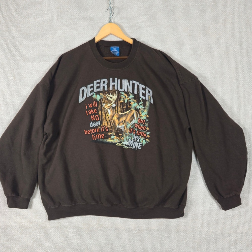 Puritan Mens 2XL Deer Hunter Graphic Sweatshirt Brown Hunting Buck Pullover‎